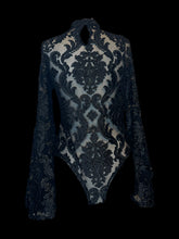 Load image into Gallery viewer, 0X Black &amp; metallic silver sheer mesh &amp; paisley high neck bell sleeve bodysuit w/ two snap closure, &amp; button keyhole detail
