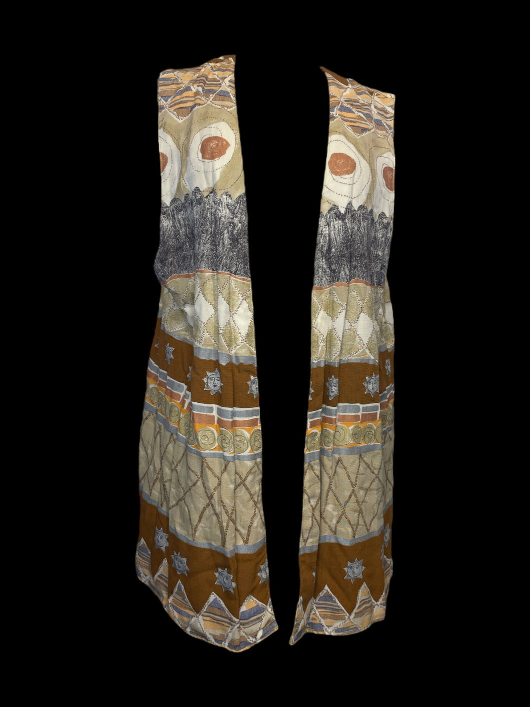 0X Vintage earth tone open front vest w/ solar, mountain, & geometric pattern, & side slits