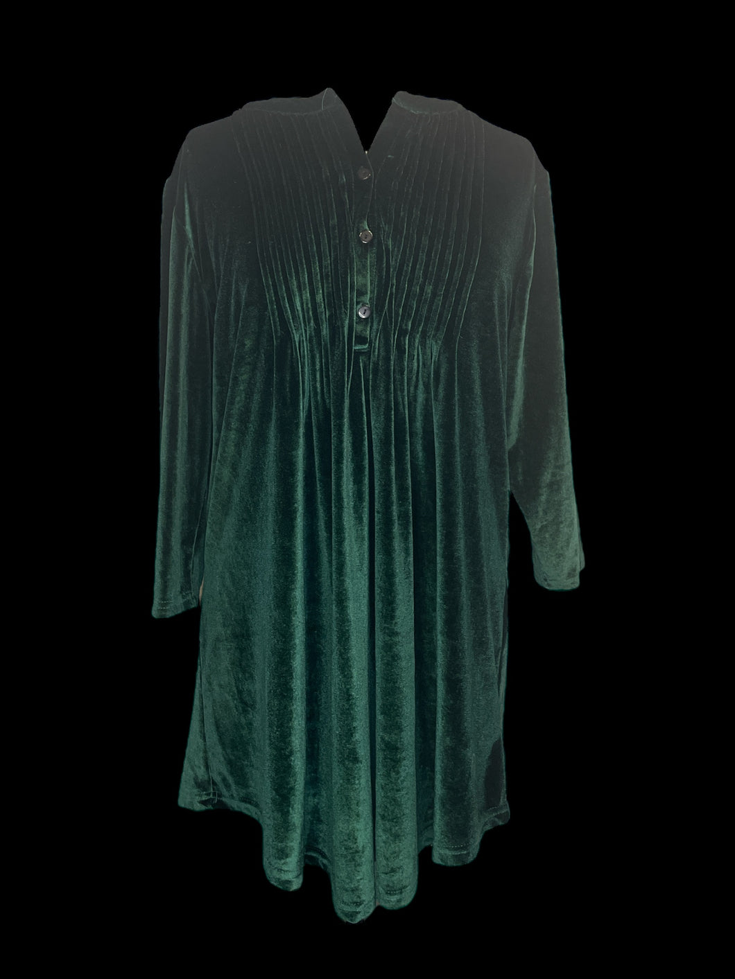 2X Green velvet 3/4 sleeve partial button top w/ pleating detail