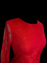 Load image into Gallery viewer, M Red long balloon sleeve dress w/ floral lace, button cuffs, &amp; back zipper closure
