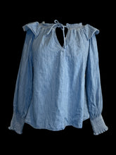 Load image into Gallery viewer, L Blue long balloon sleeve notch neckline cotton top w/ ruffle details, &amp; tie front
