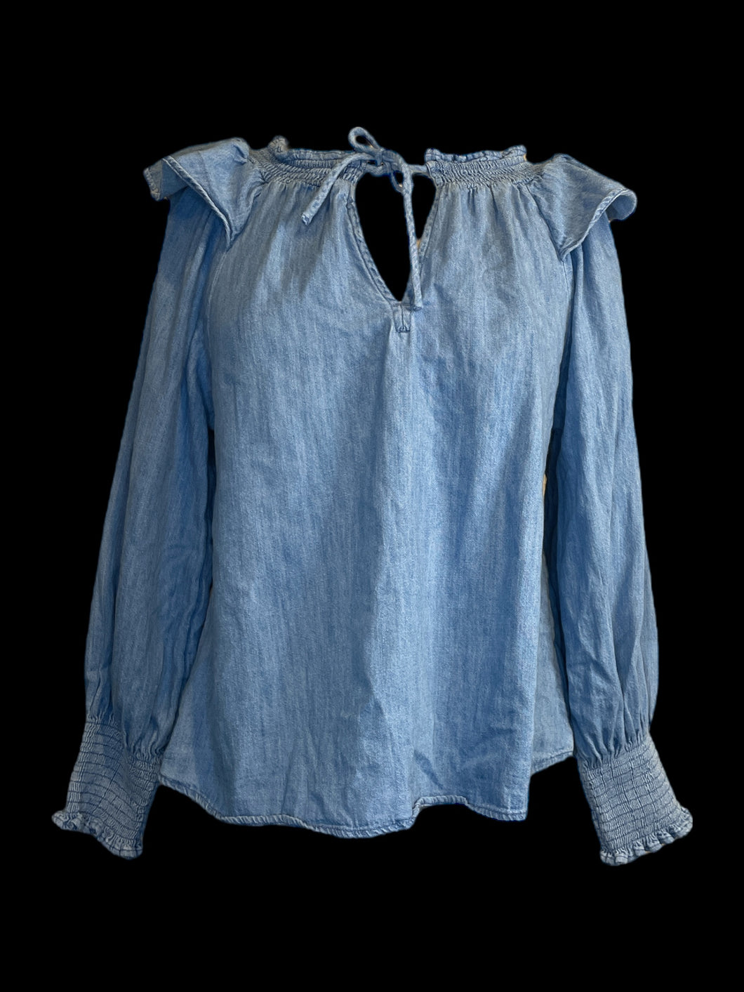L Blue long balloon sleeve notch neckline cotton top w/ ruffle details, & tie front