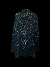 Load image into Gallery viewer, 3X Black balloon sleeve sheer V-neck top w/ gold polka dot pattern, ruffle hem, &amp; button cuffs
