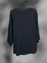 Load image into Gallery viewer, 3X Black rib knit 3/4 wide sleeve round neckline cardigan w/ single button closure
