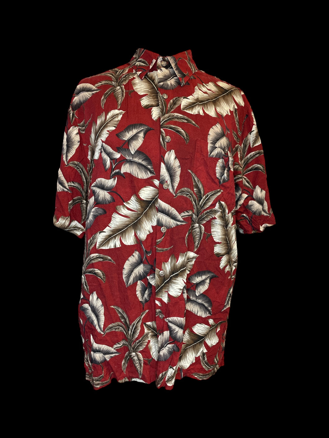 2X Vintage 80s maroon short sleeve button-up top w/ grey leaf pattern