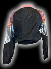 Load image into Gallery viewer, L Black, metallic pink, &amp; metallic silver color block zip up crop jacket w/ o-ring detail, &amp; elastic hem
