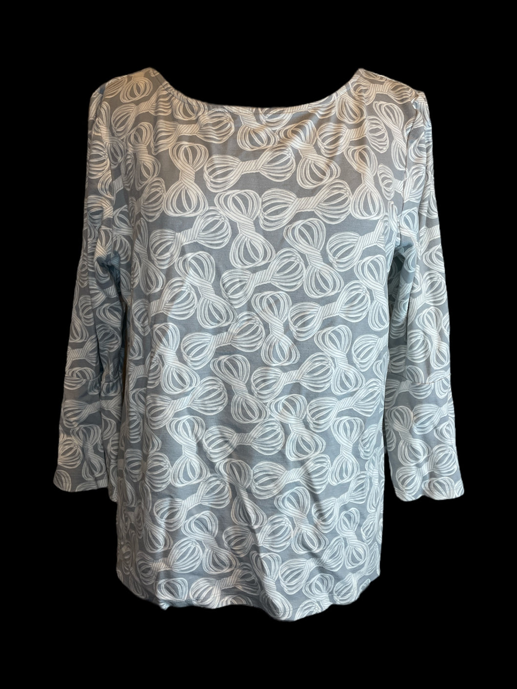 0X Grey & white rope pattern 3/4 sleeve scoop neck top w/ ruffle cuffs