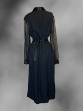 Load image into Gallery viewer, 0X Vintage 80s black mesh long sleeve button down duster w/ satin Chelsea collar, &amp; satin waist tie
