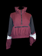 Load image into Gallery viewer, 0X Burgundy, black, &amp; white color block long balloon sleeve high neckline 3/4 zip crop pullover jacket w/ zipper pocket
