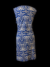 Load image into Gallery viewer, 0X Royal blue, white, &amp; gold ornate pattern scoop neck sleeveless dress
