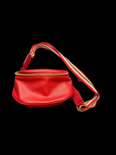 Load image into Gallery viewer, Red leather-like crossbody bag w/ removable adjustable red, white, &amp; green canvas strap
