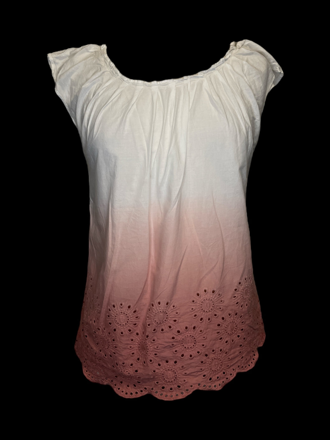 M White & pink ombre top w/ eyelet floral cutouts, scalloped hem, cap sleeves, tie keyhole back, & ruffled scoop neckline