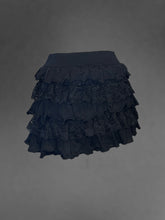Load image into Gallery viewer, S Black skirt w/ layered lace ruffles, &amp; elastic waist
