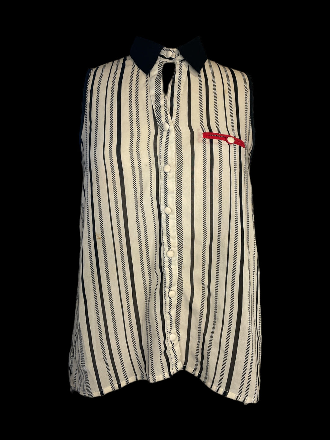 M Off-white & black stripe & hatch pattern sheer sleeveless button down hi-lo top w/ folded collar, faux pocket, & button keyhole closure