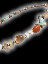 Load image into Gallery viewer, Multicolor tumbled stone &amp; brass-like beaded necklace w/ screw clasp closure
