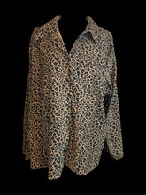 Load image into Gallery viewer, 3X Vintage 70s black &amp; brown animal print long sleeve button down top w/ folded collar, &amp; chest pocket
