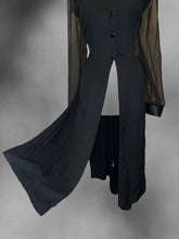 Load image into Gallery viewer, 0X Vintage 80s black mesh long sleeve button down duster w/ satin Chelsea collar, &amp; satin waist tie

