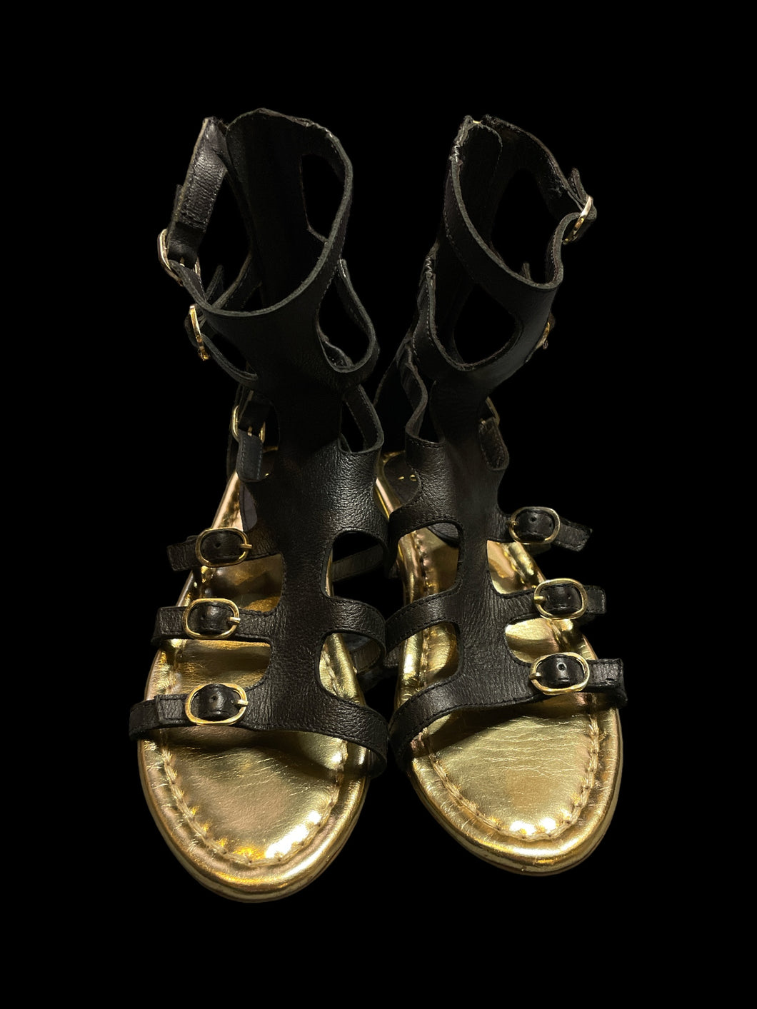 6 Black gladiator sandals w/ adjustable ankle straps, & heel zipper