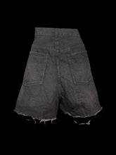 Load image into Gallery viewer, 1X Black denim distressed hem high waisted shorts w/ pockets, belt loops, &amp; button/zipper closure
