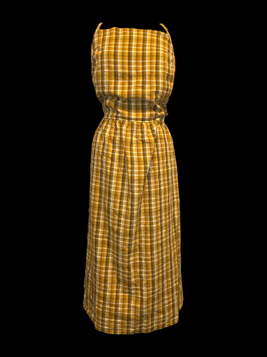 3X Yellow, beige, & brown gingham sleeveless dress w/ adjustable straps, pockets, & shirred back