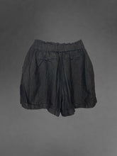 Load image into Gallery viewer, XXS Black high waisted shorts w/ elastic drawstring waist, pockets, button detail, &amp; cuffed hem
