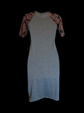 Load image into Gallery viewer, XS Dark heather grey, black, &amp; red half sleeve scoop neck raglan dress w/ floral half sleeves
