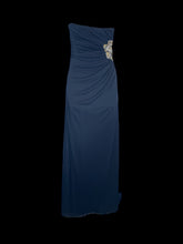 Load image into Gallery viewer, XS Dark blue sheer mesh strapless sweetheart neckline gown w/ pleated bodice, dark blue petticoat, &amp; clasp/zipper closure

