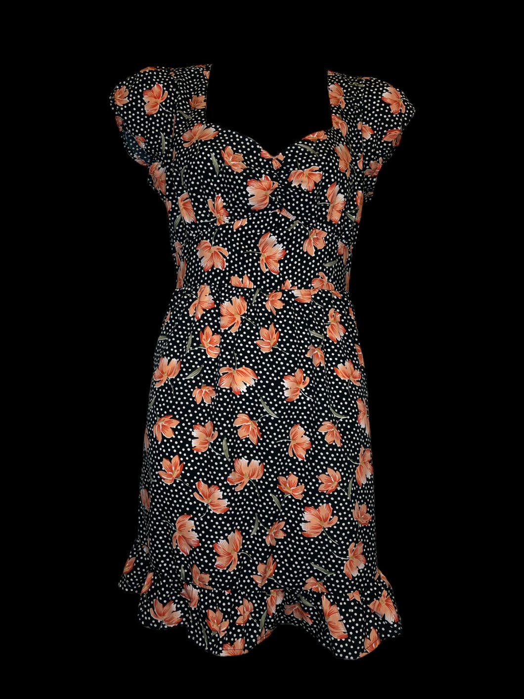 M NWT Black cap sleeve dress w/ white polka dot & pink floral pattern, sweetheart neckline, shirred back, ruffled hem, and button keyhole closure