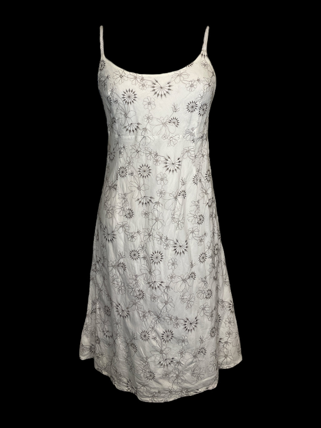 S Off-white & brown floral embroidery sleeveless cotton dress w/ button adjustable straps, & button/zipper closure
