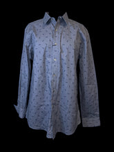 Load image into Gallery viewer, 2X NWT Blue grey car pattern long sleeve button down top w/ folded collar, button cuffs
