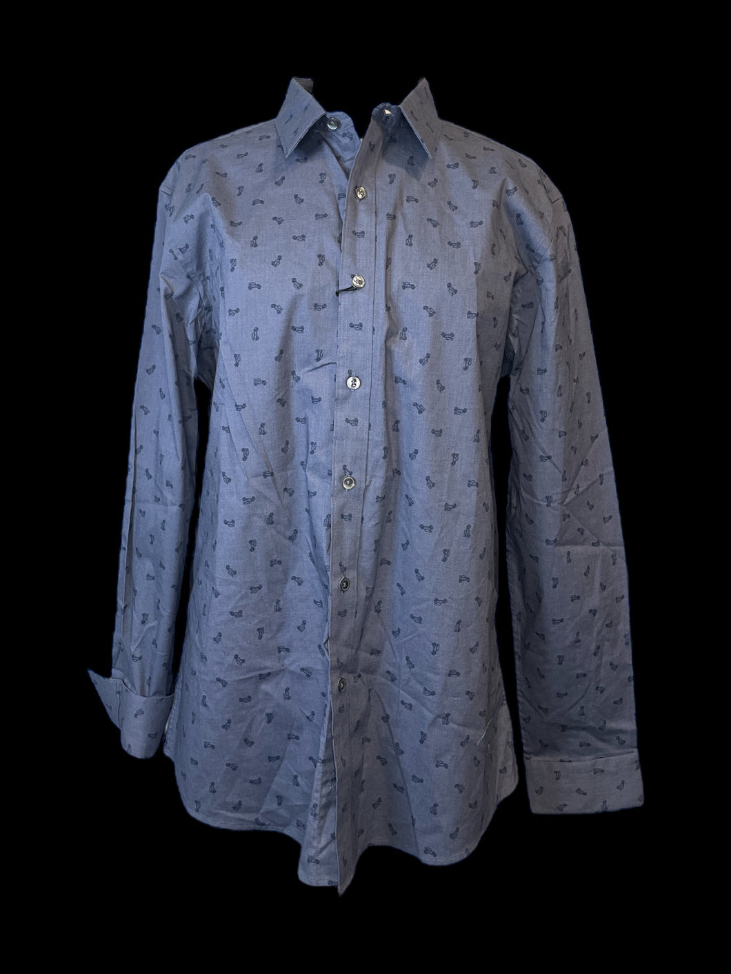 2X NWT Blue grey car pattern long sleeve button down top w/ folded collar, button cuffs