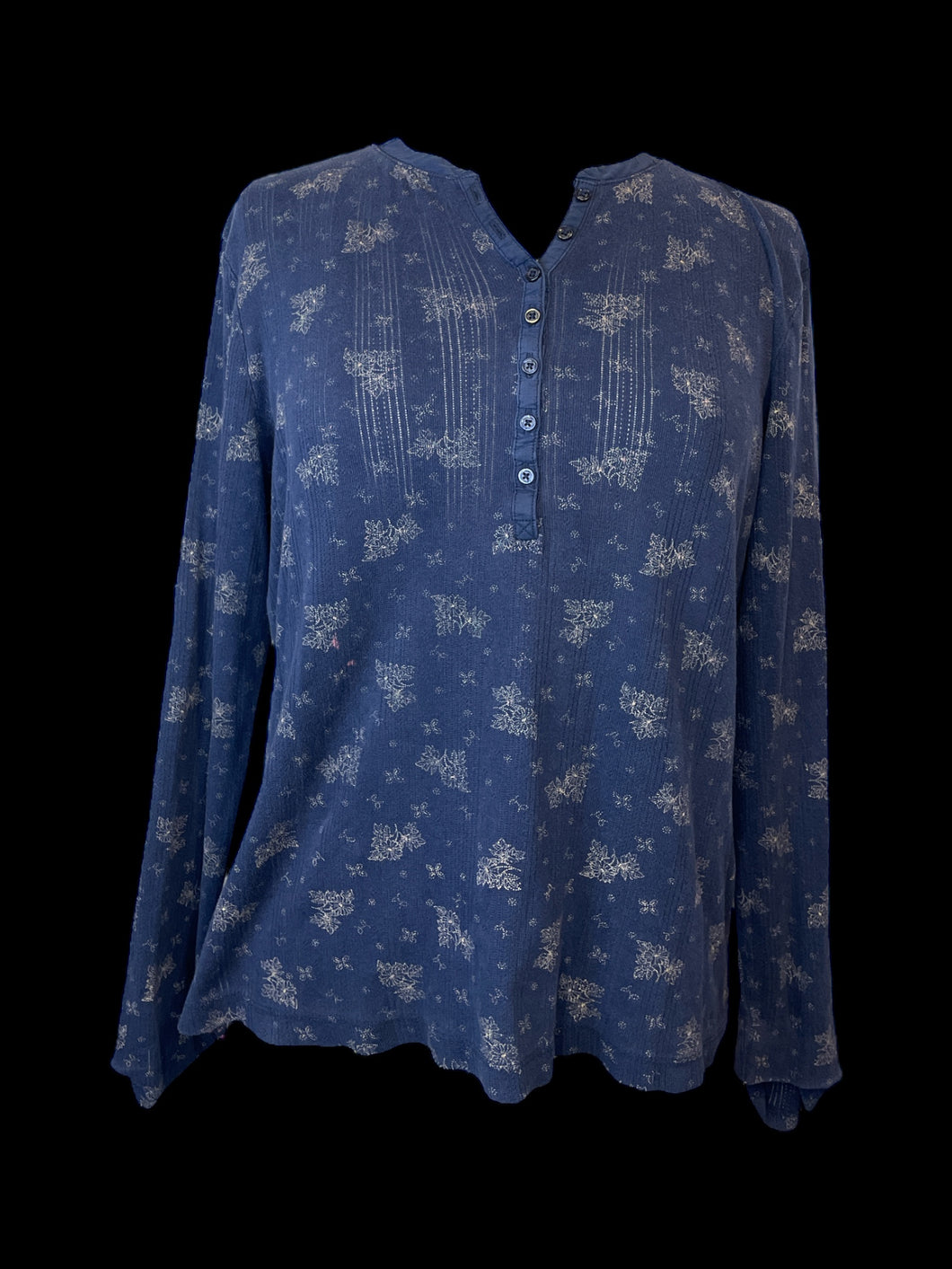 0X Dark blue & beige floral & butterfly print long sleeve cotton Henley top w/ eyelet design