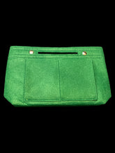 Load image into Gallery viewer, Forest green felt purse w/ green stitching, small handle, outer &amp; inner pockets, &amp; silver like snap closure
