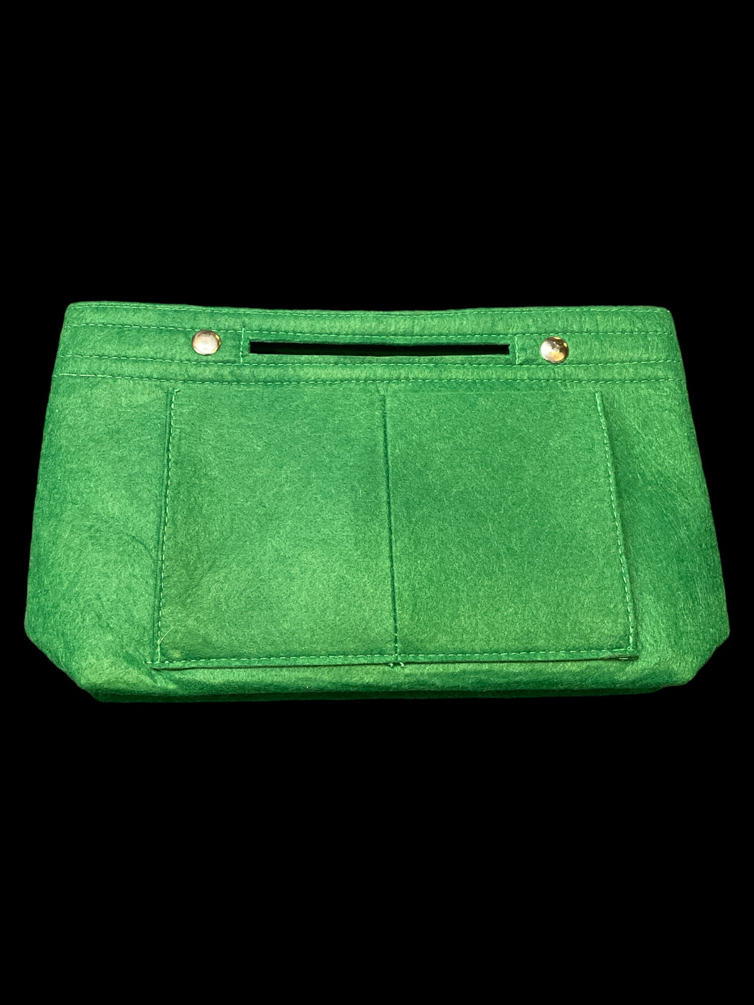 Forest green felt purse w/ green stitching, small handle, outer & inner pockets, & silver like snap closure