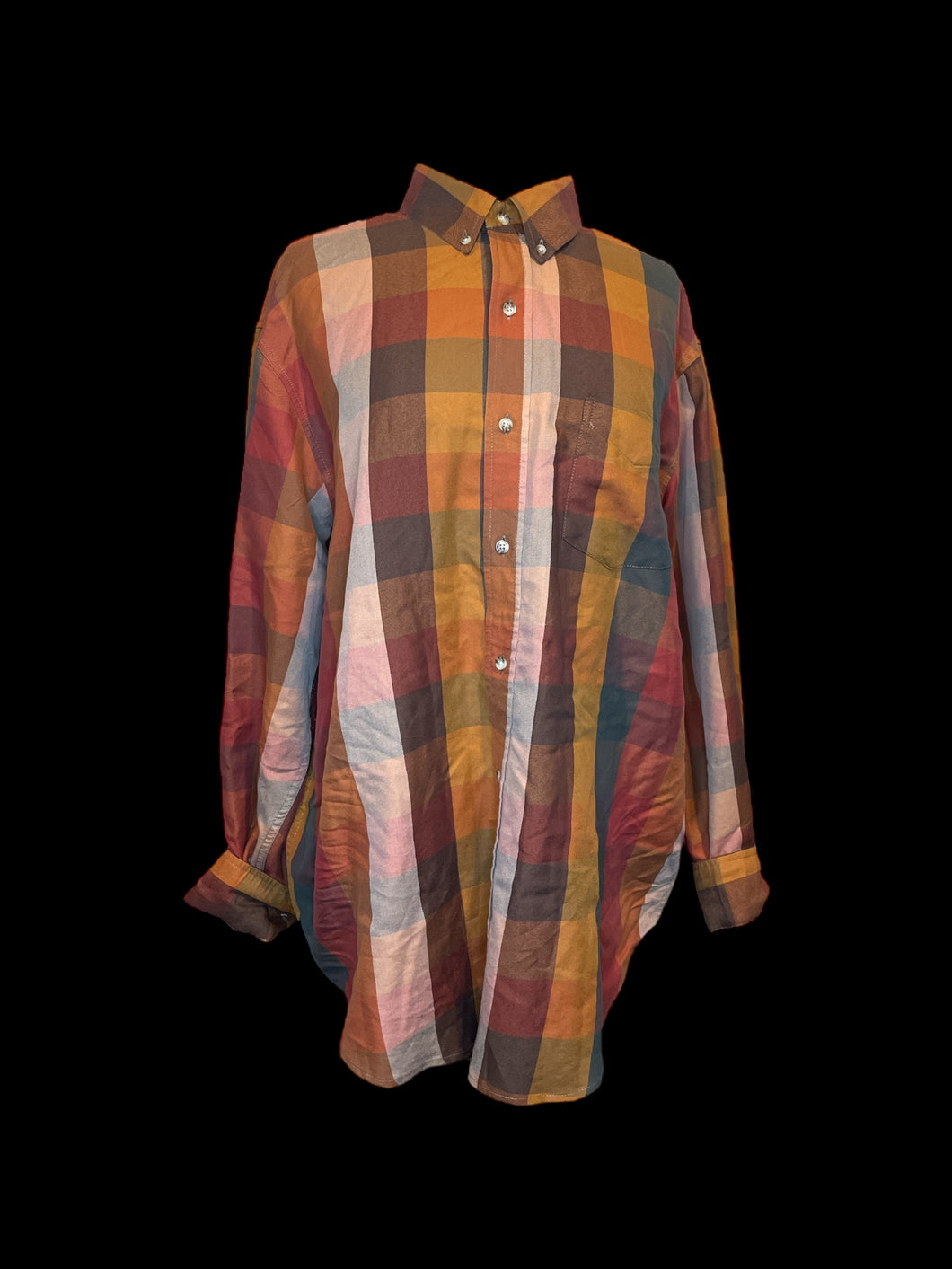 2X Earth tone checker pattern long sleeve button down top w/ button cuffs, folded collar, & chest pocket