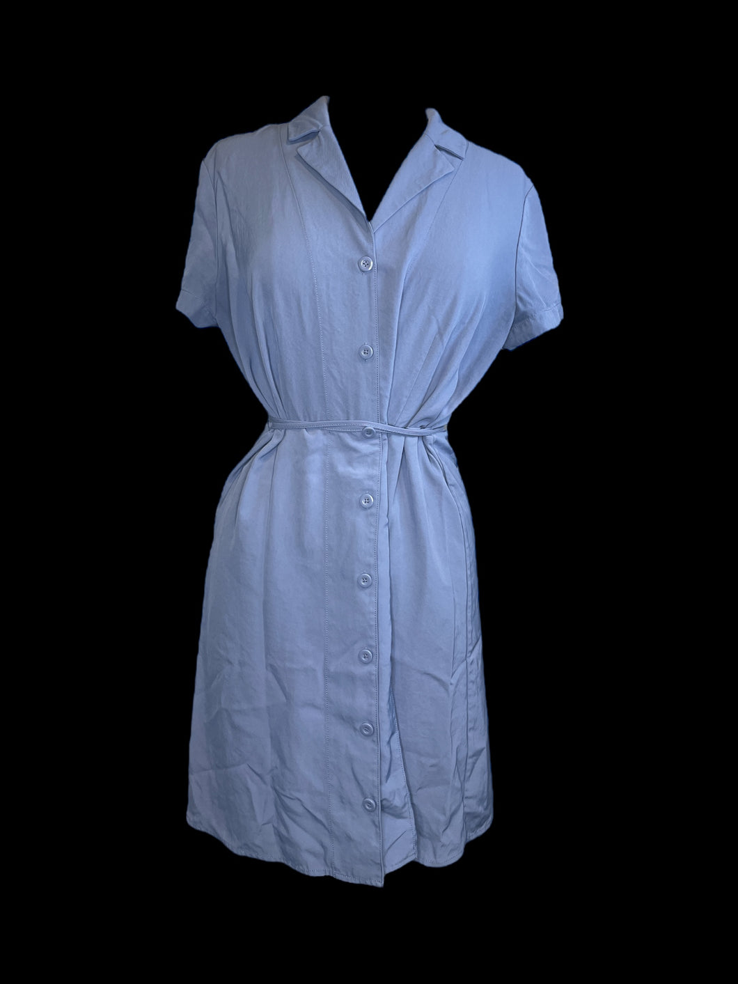 L Pale blue button-up short sleeve collared dress w/ waist tie
