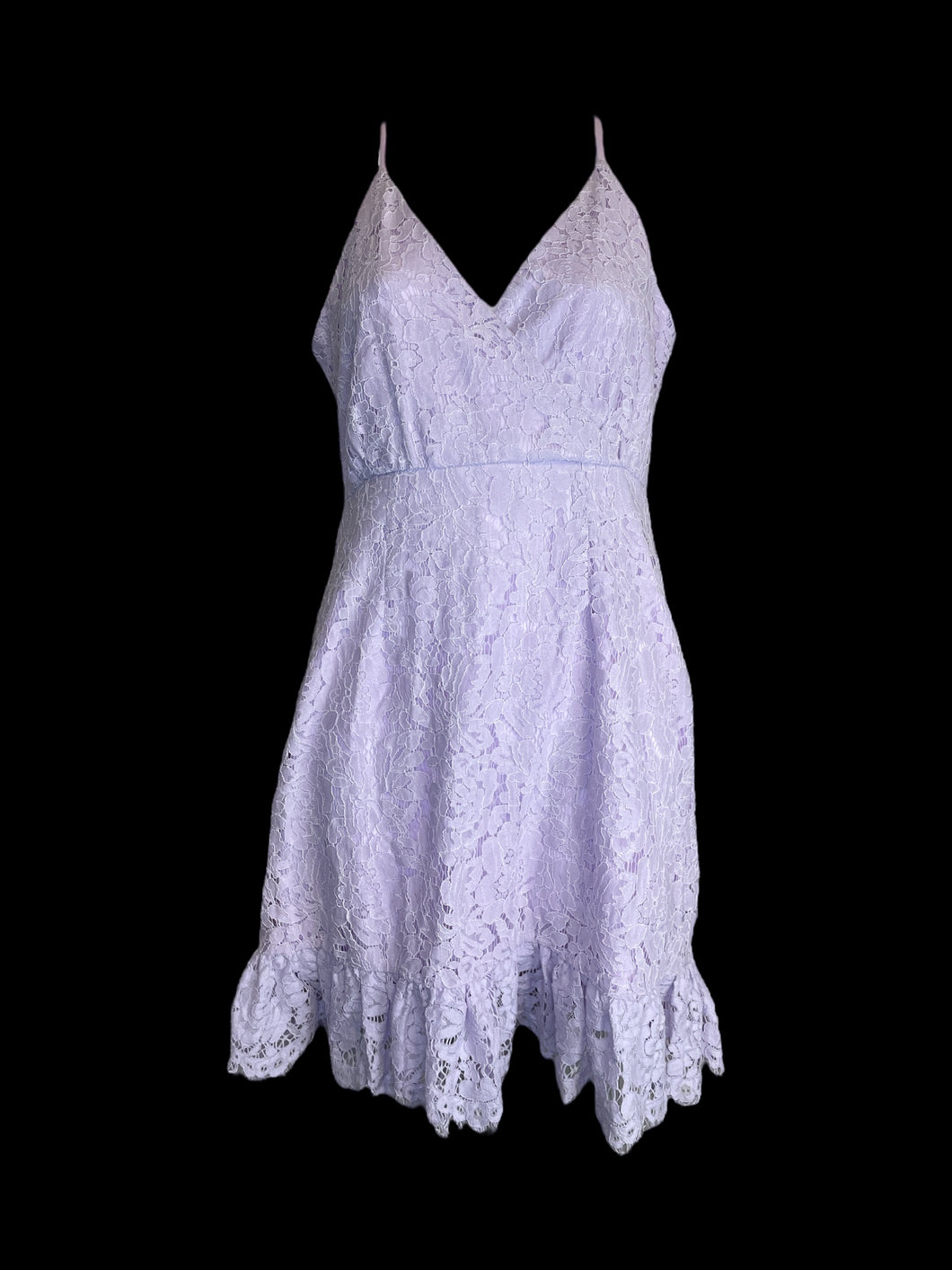 S NWT Light lilac sleeveless dress w/ snap button mock wrap bust, ruffle hem, lining, & back zipper closure