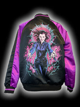 Load image into Gallery viewer, 1X Black &amp; purple “Buffy the Vampire Slayer” letterman-style zip up jacket w/ Dark Willow graphic, &amp; pockets

