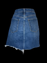 Load image into Gallery viewer, L Blue denim skirt w/ raw hem, pockets, belt loops, &amp; button/zipper closure
