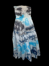 Load image into Gallery viewer, M White, blue, &amp; grey tie-dye sleeveless dress w/ shirred bust, &amp; ruffle panel skirt
