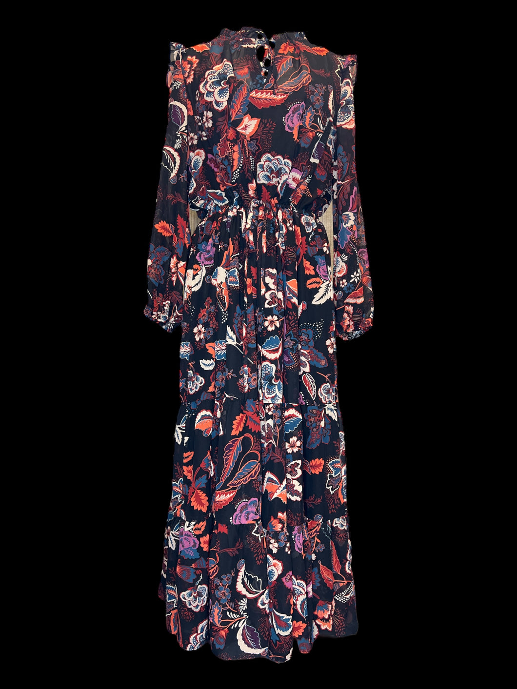 0X NWT Black & multicolor floral sheer long balloon sleeve keyhole neckline dress w/ drawstring waist, ruffle details, & black attached slip