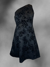Load image into Gallery viewer, L Black sleeveless one-shoulder dress w/ velvet floral detail, &amp; side zipper closure
