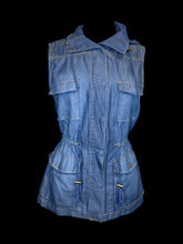 Load image into Gallery viewer, M Blue high neck snap button down vest w/ drawstring hood, pockets, &amp; drawstring waist
