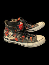 Load image into Gallery viewer, 6M/8W Grey, white, &amp; red Harley Quinn Converse high tops
