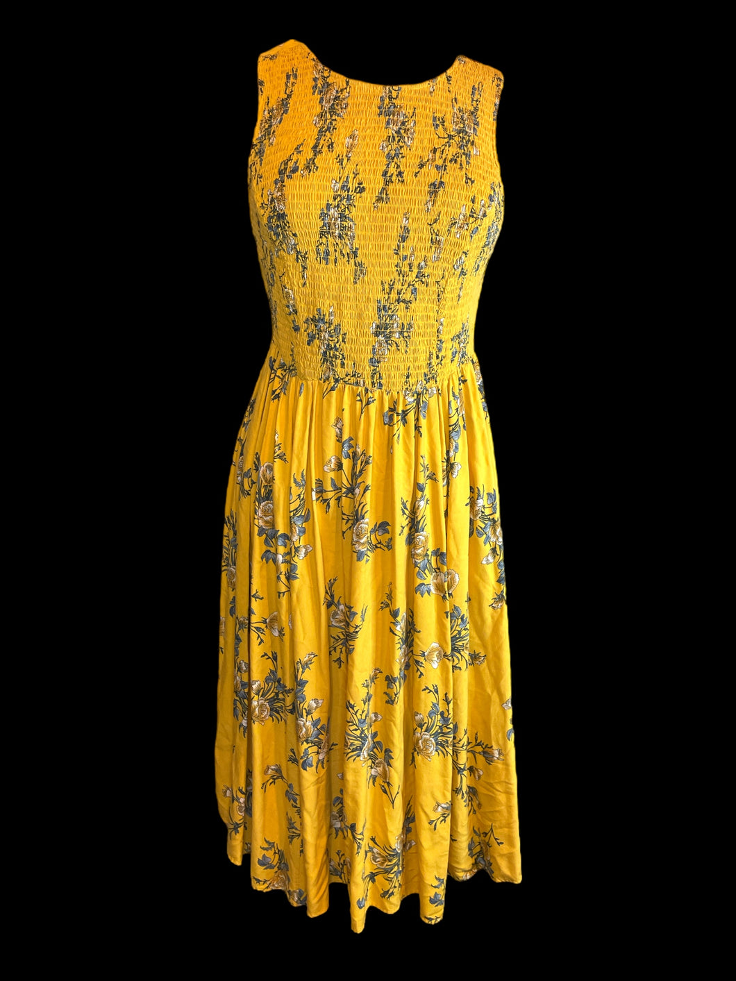 S Yellow & blue floral print sleeveless round neckline dress w/ shirred bodice, & button up back
