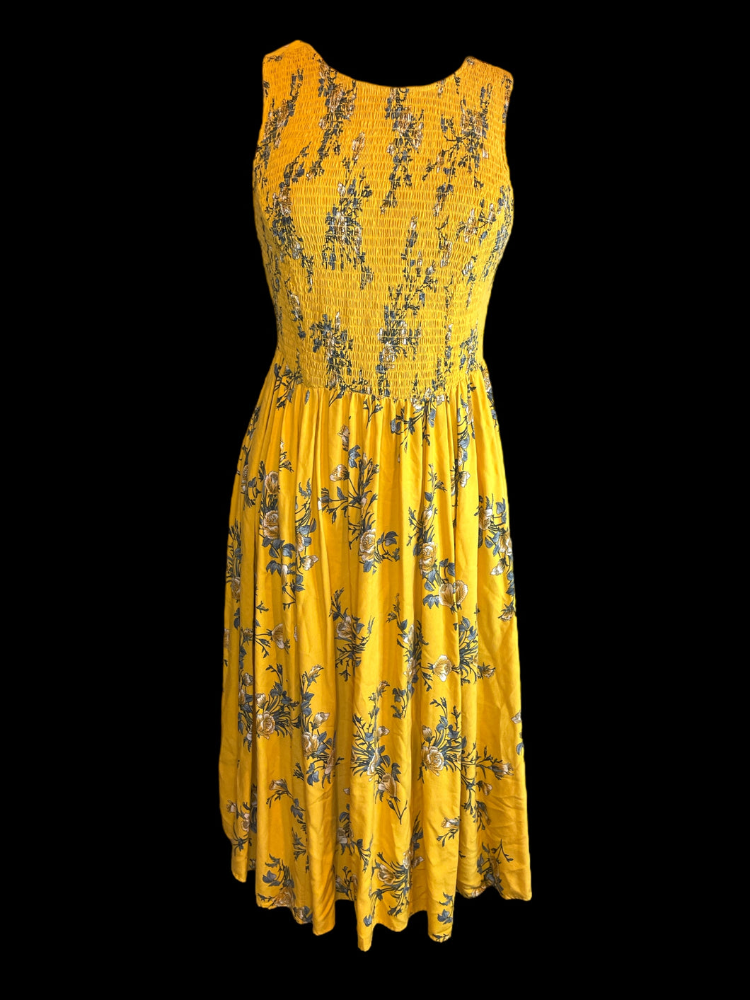 S Yellow & blue floral print sleeveless round neckline dress w/ shirred bodice, & button up back