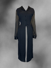 Load image into Gallery viewer, 0X Vintage 80s black mesh long sleeve button down duster w/ satin Chelsea collar, &amp; satin waist tie

