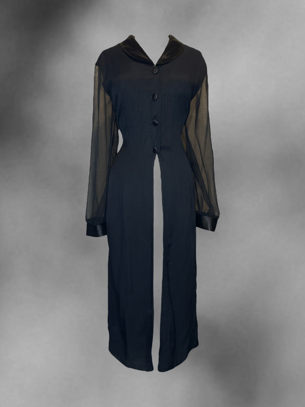 0X Vintage 80s black mesh long sleeve button down duster w/ satin Chelsea collar, & satin waist tie