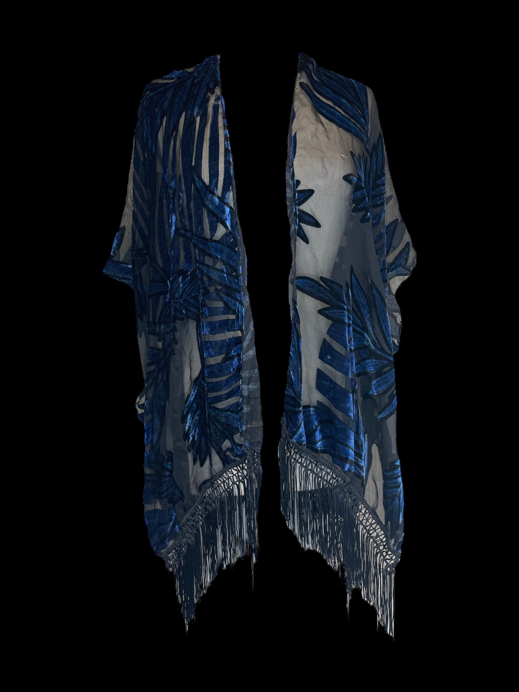 3X Vintage 80s black sheer shawl w/ blue & black velvet botanical pattern, side hem slits, & black fringe