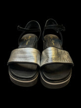 Load image into Gallery viewer, 6.5M/8W Black &amp; metallic silver strappy platform wedge sandals w/ adjustable ankle straps
